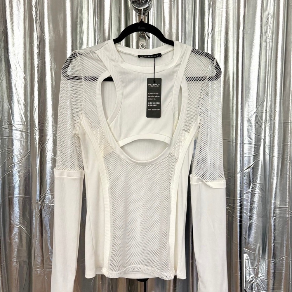 Incerun White Mesh Cutout Long Sleeve Top